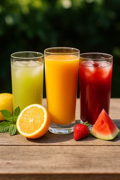 three glasses filled with different types of juice on top of a wooden table next to watermelon slices and strawberries