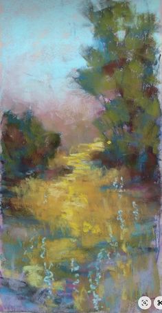 an abstract painting with trees and water