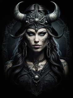 a woman with horns and tattoos on her face is wearing a horned headdress