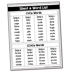 a printable silent e word list for cvce words, with the words in black and