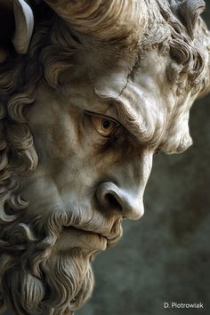 the head and shoulders of a statue of an old man with long hair, wearing horns