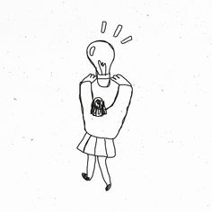a drawing of a person holding a light bulb above their head