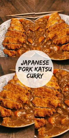 two plates filled with different types of food on top of a wooden table next to chopsticks