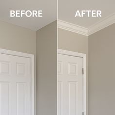 before and after pictures of a white door in an empty room with the bottom half painted off