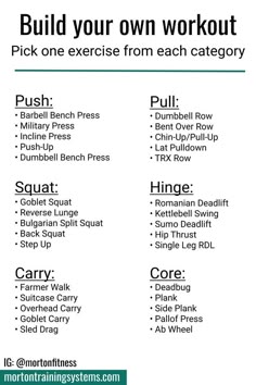 the workout plan for beginners is shown in black and white, with text that reads build your own workout pick one exercise from each category