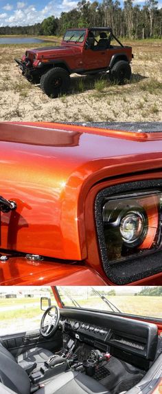 an orange jeep with its hood up and the engine compartment open