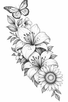 a black and white drawing of flowers with butterflies