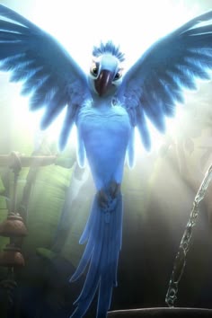 a blue bird with its wings spread out in front of some plants and water spouts