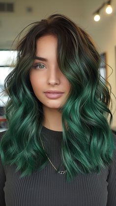Ombre Hair Color Green, Green Balayage Brunettes, Green And Brown Hair Color, Emerald Green Hair Ideas, Balayage With Color, Brunette And Green Hair, Green On Brown Hair, Brown And Emerald Green Hair, Green Hair Ideas For Brunettes