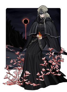 a woman in a black dress and cape holding a candle with red flowers around her