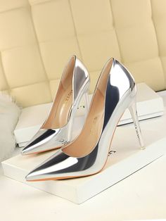 Free Returns ✓ Free Shipping✓. Women Metallic Point Toe Stiletto Heeled Court Pumps 7.2 Pump Patent Shoes- undefined at SHEIN. Shoes Heels Stilettos, Bridal Pumps, Super High Heels, Pump Types, Point Shoes, Shoe Show, Leather High Heels, Stiletto Pumps, Bronzer