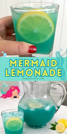 the mermaid lemonade is in a pitcher and next to two glasses filled with liquid
