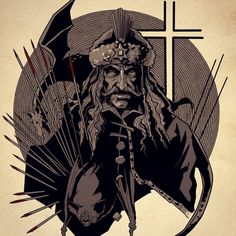 a drawing of a man with long hair holding an umbrella in front of a cross