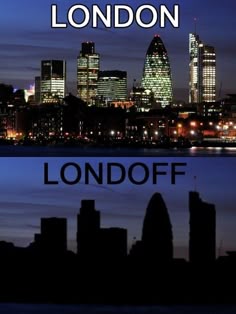 the london skyline is lit up at night, with text overlaying it that reads london