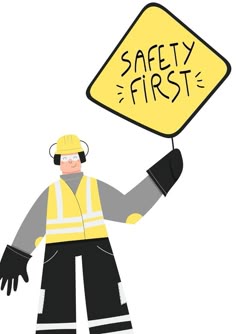 a man in safety gear holding a sign that says safety first with headphones on