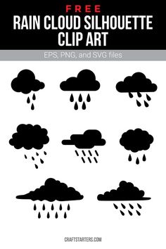 the rain cloud silhouette clip art is shown in black and white with text that reads, free