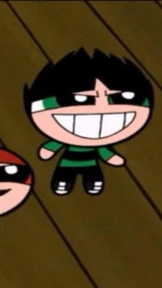 two cartoon characters standing next to each other on a wooden floor, one with his mouth open