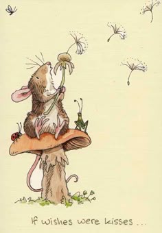 a drawing of a mouse sitting on top of a mushroom with dandelions in the background