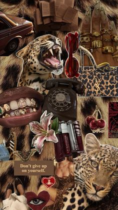 a collage of leopard skin and accessories