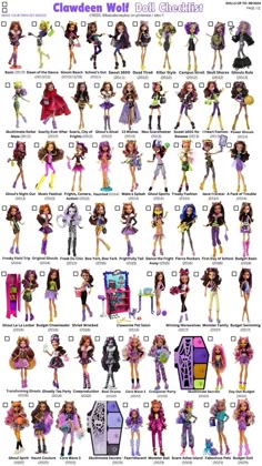 a poster with many different types of dolls on it's back side, including the names