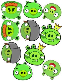 several green angry birds with crowns on their heads