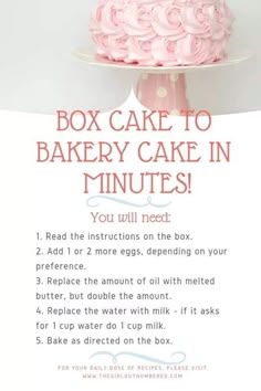 a cake with pink frosting on top and instructions for how to bake it