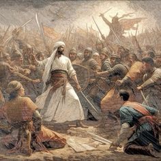 a painting of a man standing in front of a group of men holding flags and swords
