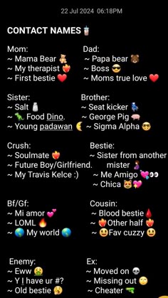 an iphone screen with the text contact names and emoticions on it in different languages