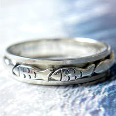 Swimming Fish Spinning Meditation Ring, Spinner Ring | EffortlesslyUs Swim Against The Current Ring, Trout Ring, Vintage Sea-themed Jewelry, Fish Wedding Band, Fish Wedding Ring, Handmade Silver Rings With Ocean-inspired Style, Sterling Silver Fish Ring, Fish Jewelry Silver, Fish Rings