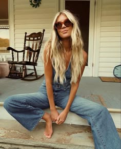 Bootcut Summer Outfit, 70s Bootcut Jeans Outfit, 70s Denim Style, Salty Blonde Outfits, Rollas Flares, Coastal Cowgirl Overalls, Denim Jumpsuit Country Concert, Rollas Jeans Outfit, Free People Ziggy Overalls Outfits
