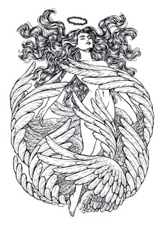 a drawing of an angel with long hair and wings in the shape of a circle