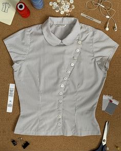 Introducing: The Sonnet Shirt  A new staple piece inspired by vintage fencing shirts. Features 12 mother of pearl buttons and a tailored fit. Made with 100% cotton to ensure cloud softness • THIS FRIDAY 05.23 4PM Summer Tops Patterns, Cool Girl Tops, Pattern Shirts Women, Blouse With Sleeves, Buttons On Shirt, Cool Shirts Women, Shirt With Buttons, Tailored Shirts For Women, Homemade Top