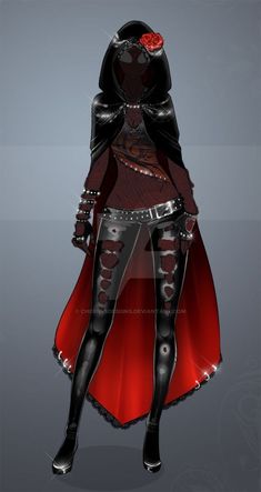 a woman dressed in black and red clothing