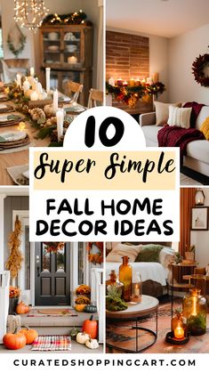 fall home decor ideas with candles and pumpkins in the living room, dining room and kitchen