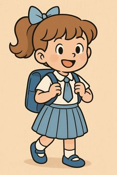 Student Cartoon Pic, Girl In School Uniform Cartoon Drawing, Student Girl Drawing Easy, Cartoon Character With Backpack, Cartoon Girl Student, Cute Children Drawing, Student Girl Cartoon, Draw School Uniform, School Cartoon Drawing