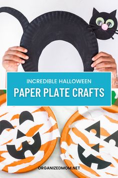 paper plate crafts for halloween with a cat and pumpkins on the top, and an image of a black cat