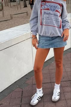 adidas samba shoes, winter shoes, spring shoes, summer shoes, outfit inspo La Clothing Style, Summer Short Denim Skirt, Sambas Outfits Summer, Jean Mini Skirt Outfits, Summer Outfits 2024 Short Women, Jean Skirts Outfit, Outfits With Sambas Summer, Graphic Tee Bar Outfit, Y2k Style Short Summer Jeans