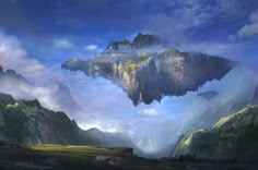 an artist's rendering of a mountain landscape with clouds and mountains in the background