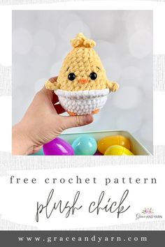 a crocheted chick is holding an egg in it's shell with the words free crochet pattern