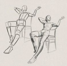 a drawing of two people sitting at a table and one standing in front of a chair