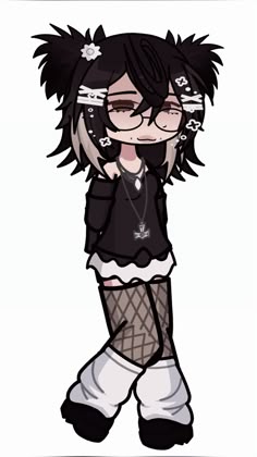 a drawing of a girl with black hair and glasses, holding her hand up to her face