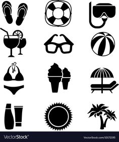 black and white beach icons set