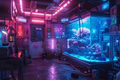 a fish tank in the middle of a room filled with neon lights and other items