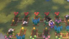 an animal is standing in the middle of a garden with flowers and plants around it