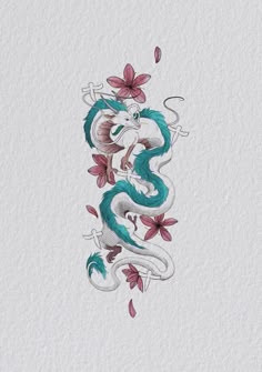 a drawing of a dragon with flowers on it