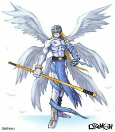 an angel with wings holding a baseball bat and wearing a helmet on top of his head