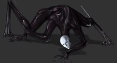 a black and white alien laying on its back with one leg bent over it's head