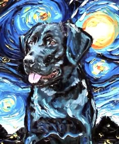 a painting of a black dog sitting in front of a starry night sky with the moon