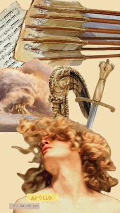 an artistic collage with musical instruments, music sheets, and art nouveau artwork on it