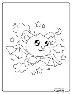 a cartoon bear flying through the sky with stars and clouds in it's mouth